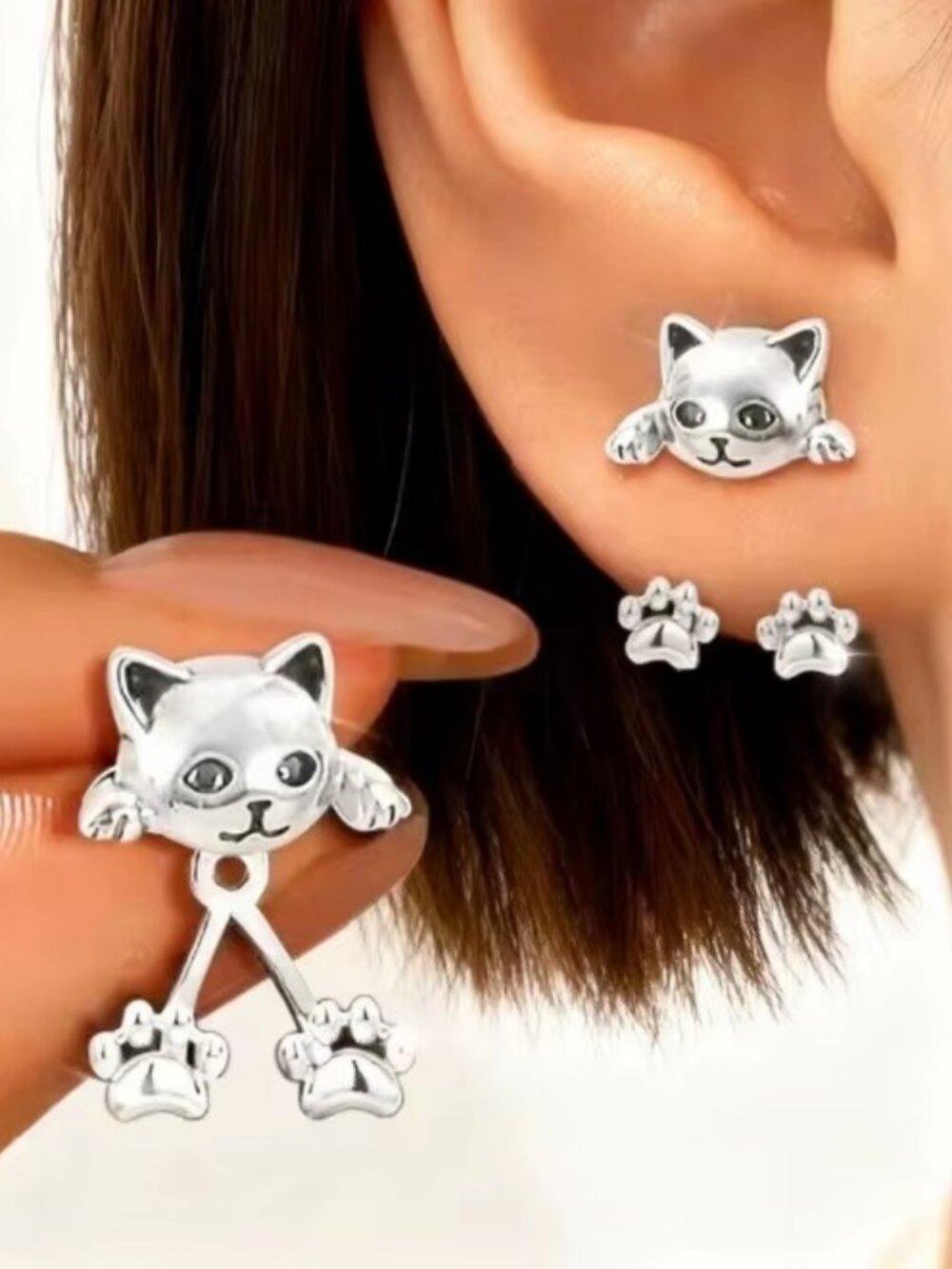 Cat Earrings for Women Cute Cat Paw Front Back Jacket Earrings